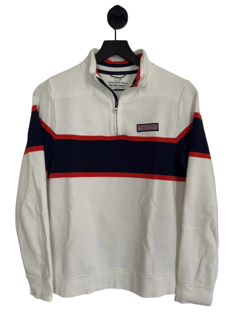 Vineyard Vines Boy’s Quarter Zip in White with Navy & Orange Stripes